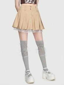 ROMWE Contrast Lace Pleated Skirt - Khaki - View 3