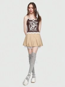 ROMWE Contrast Lace Pleated Skirt - Khaki - View 5