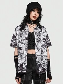 ROMWE Grunge Punk 骷髅頭圖案前紐扣襯衫 - 黑與白 - 查看 1