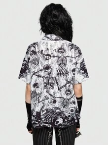ROMWE Grunge Punk 骷髅頭圖案前紐扣襯衫 - 黑與白 - 查看 4