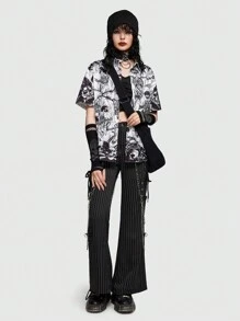 ROMWE Grunge Punk 骷髅頭圖案前紐扣襯衫 - 黑與白 - 查看 5