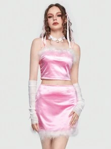 ROMWE 緞面毛茸邊吊帶和半身裙不附鏈條 - 淺粉色 - 查看 3