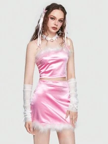 ROMWE 緞面毛茸邊吊帶和半身裙不附鏈條 - 淺粉色 - 查看 5