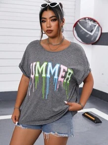 Flirla 大碼字母圖案蝙蝠袖T恤 - 灰色 - 查看 3