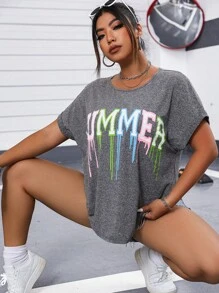 Flirla 大碼字母圖案蝙蝠袖T恤 - 灰色 - 查看 7