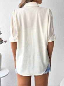 RueChic Sólido Botão Frontal Camiseta - Damasco - Ver 2