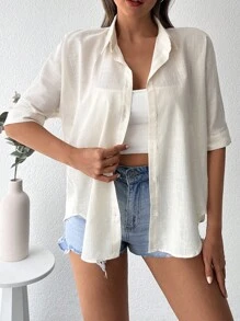 RueChic Sólido Botão Frontal Camiseta - Damasco - Ver 3