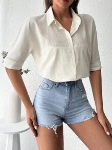 RueChic Sólido Botão Frontal Camiseta - Damasco - Ver 4