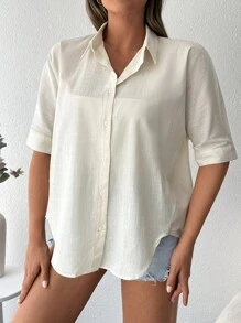 RueChic Sólido Botão Frontal Camiseta - Damasco - Ver 5