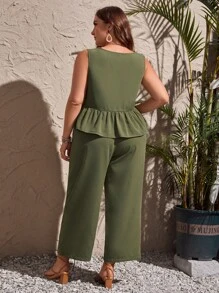 SHEIN LUNE Hơn Chất rắn Xù Hoa Sen Áo & Quần ống rộng - xanh quân đội - Xem 6