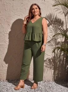 SHEIN LUNE Hơn Chất rắn Xù Hoa Sen Áo & Quần ống rộng - xanh quân đội - Xem 4