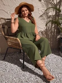 SHEIN LUNE Hơn Chất rắn Xù Hoa Sen Áo & Quần ống rộng - xanh quân đội - Xem 3