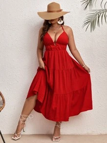 SHEIN VCAY Talla grande Vestido halter unicolor bajo con fruncido - Rojo - Ver 1