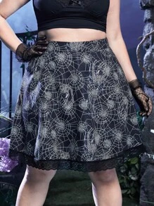Corpse Bride | ROMWE 大碼蜘蛛網印花蕾絲邊半身裙 - 黑色 - 查看 1