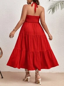 SHEIN VCAY Talla grande Vestido halter unicolor bajo con fruncido - Rojo - Ver 2