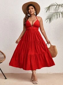 SHEIN VCAY Talla grande Vestido halter unicolor bajo con fruncido - Rojo - Ver 3