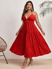 SHEIN VCAY Talla grande Vestido halter unicolor bajo con fruncido - Rojo - Ver 4