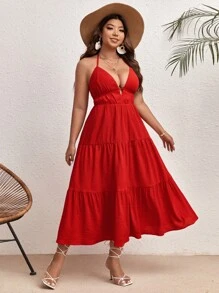 SHEIN VCAY Talla grande Vestido halter unicolor bajo con fruncido - Rojo - Ver 5