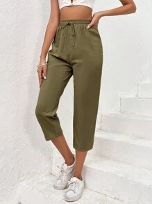 SHEIN VCAY 素色腰部抽繩七分褲 - 軍綠色 - 查看 1