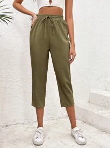 SHEIN VCAY 素色腰部抽繩七分褲 - 軍綠色 - 查看 3