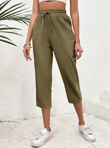 SHEIN VCAY 素色腰部抽繩七分褲 - 軍綠色 - 查看 4