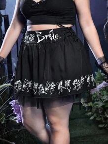 Corpse Bride | ROMWE 大碼字母圖案網紗覆蓋半身裙 - 黑色 - 查看 4