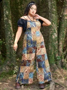 ROMWE Hippie 大碼撞色拼接圖案闊腿背帶連身褲不帶上衣 - 彩色 - 查看 4