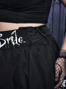 Corpse Bride | ROMWE 大碼字母圖案網紗覆蓋半身裙 - 黑色 - 查看 5