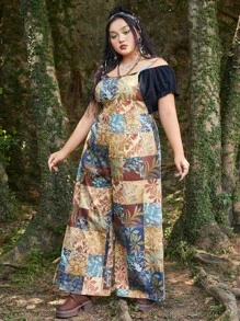 ROMWE Hippie 大碼撞色拼接圖案闊腿背帶連身褲不帶上衣 - 彩色 - 查看 3