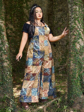 Hippie Overall Jumpsuit Patchwork Muster, breitem Beinschnitt, ohne Top