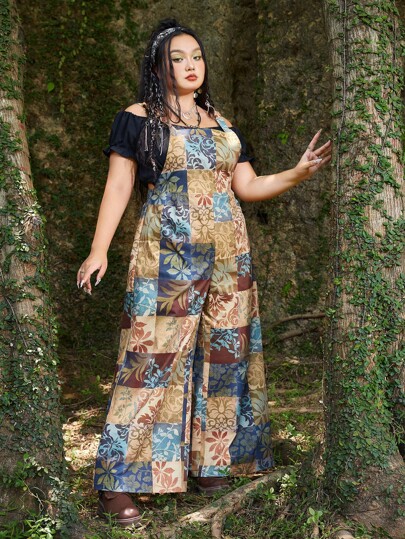 Hippie Plus Patchwork Print Wide Leg Overall Jumpsuit Without Top