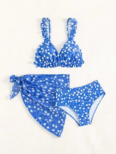 少女碎花荷叶边比基尼套装 带沙滩裙 夏季海滩