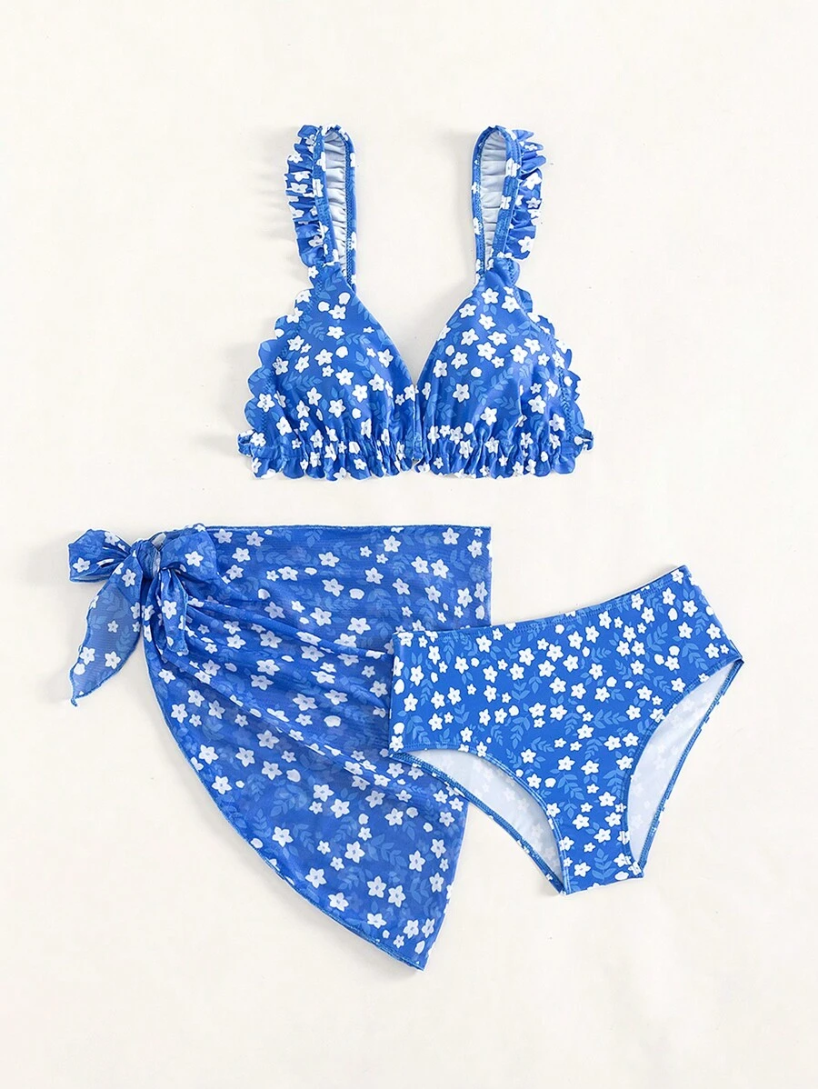 少女碎花荷叶边比基尼套装 带沙滩裙 夏季海滩 - 藍色 - 查看 1