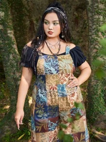 ROMWE Hippie 大碼撞色拼接圖案闊腿背帶連身褲不帶上衣 - 彩色 - 查看 5