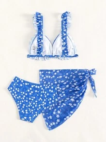 少女碎花荷叶边比基尼套装 带沙滩裙 夏季海滩 - 藍色 - 查看 2