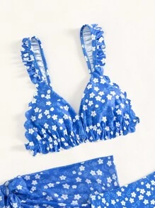 少女碎花荷叶边比基尼套装 带沙滩裙 夏季海滩 - 藍色 - 查看 3