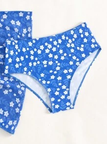 少女碎花荷叶边比基尼套装 带沙滩裙 夏季海滩 - 藍色 - 查看 4