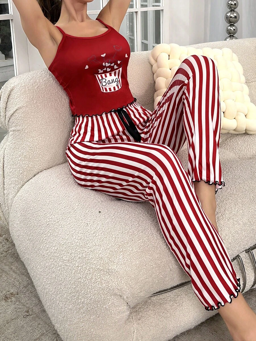 Striped & Cartoon Graphic PJ Set / Pajama Set Holiday Season - Red and White - View 1