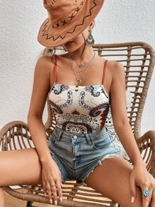 SHEIN Privé Floral Print Cami Bodysuit - Burnt Orange - View 5