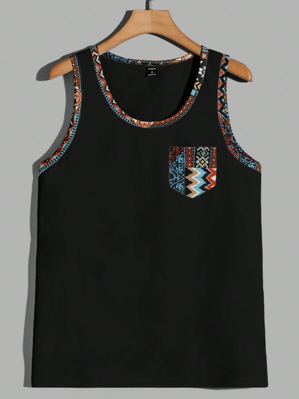Manfinity VCAY Men Geo Print Contrast Binding Patched Pocket Tank Top