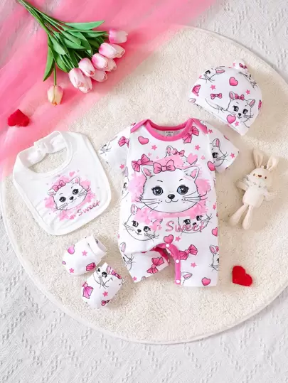 SHEIN 嬰兒女孩新生兒卡通圖形對比邊綁身衣和配件帽子,圍兜和手套