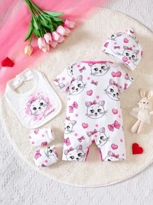 SHEIN 嬰兒女孩新生兒卡通圖形對比邊綁身衣和配件帽子,圍兜和手套 - 白色 - 查看 2