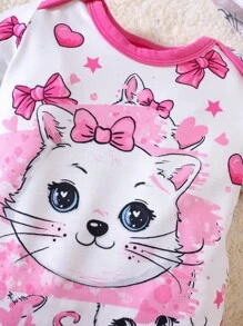 SHEIN 嬰兒女孩新生兒卡通圖形對比邊綁身衣和配件帽子,圍兜和手套 - 白色 - 查看 4