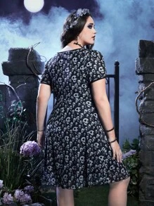 Corpse Bride | ROMWE Plus Skull Print Square Neck Dress - Multicolor - View 3