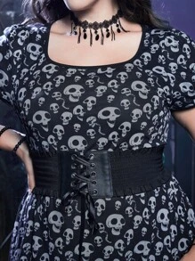 Corpse Bride | ROMWE Plus Skull Print Square Neck Dress - Multicolor - View 5