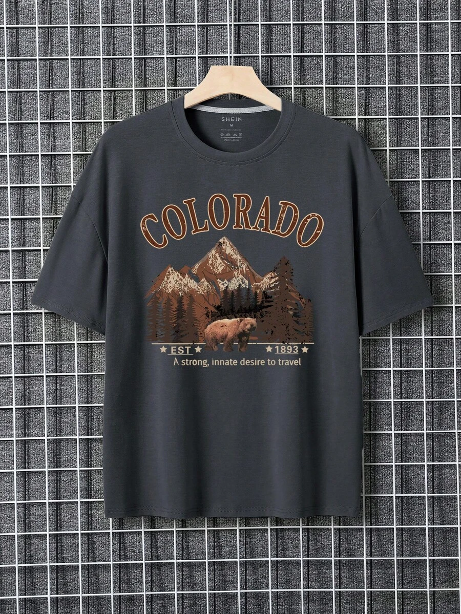 男士山和字母圖案落肩T恤 - 深灰色 - 查看 1