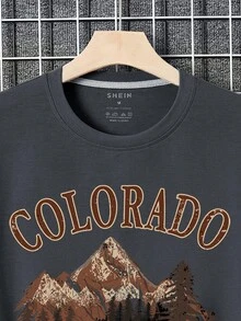 男士山和字母圖案落肩T恤 - 深灰色 - 查看 3