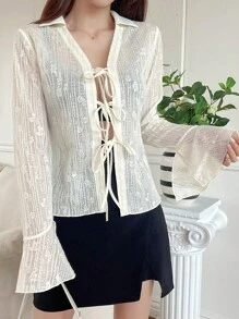 DAZY 前繫帶喇叭袖襯衫 - 米色 - 查看 5