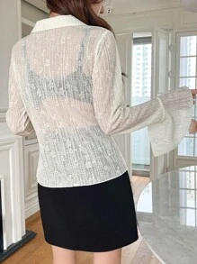 DAZY 前繫帶喇叭袖襯衫 - 米色 - 查看 2