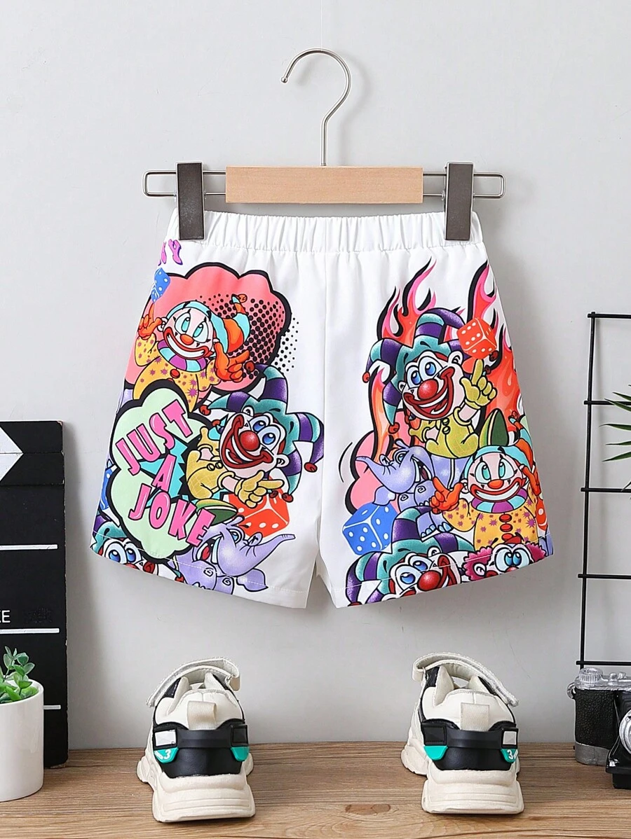 SHEIN 小男童卡通圖案短褲 - 白色 - 查看 1